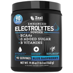 Zeal Naturals Electrolyte Powder Recovery Drink (90 Servings) w 0 Sugar + BCAA + B- Vitamins Electrolyte Supplement w Kálium Cink & Magnézium for Hydration - Keto Electrolytes