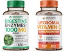 Teljes értékű Wellness Emésztő Enzimek 1000MG Plus Prebiotikumok és probiotikumok + Liposzómás C-vitamin kapszula (200 db 1500mg Builded)