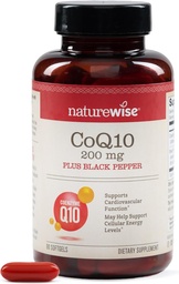 NatureWise CoQ10 200 mg + Black Pepper Softgels - High Absorption Coenzim Q10 + Black Pepper - Antioxidant for Heart Health + Cellular Energy - Vegan, Non-GMO, Gluten- Free - 90 Count [90- napos ellátás]