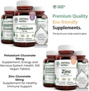 Természetes Nutra Kálium Glukonát 99 mg és Cink Glukonát 50 mg kiegészítők segít fenntartani immunitást és energia szint, glutén mentes, esszenciális a jó egészség.
