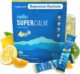 Nello Supercalm Drink Mix - Ashwagandha KSM 66, Magnézium Glycinate & L- Theanine Supplement, D3 vitamin - Ashwagandha Root kivonat - Fókusz és relaxációs támogatás (20 utazási csomag) - Lemon Lime