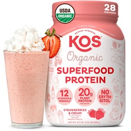 KOS Vegán fehérje por, szamóca és krém USDA Organic - Alacsony széntartalmú borsó fehérje keverék, növényi alapú szuperfood Vitaminokkal és ásványokkal, glutén mentes - Étkezés nők és férfiak részére - 28 szerváció