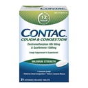 Contac Köhögés & Congestion Maximum Strength Controls Köhögés, Thins and Lossens Mucus, Guaifenesin & Dextrometorphan HBr, kibővített hatóanyagleadású tabletta, 21 gróf