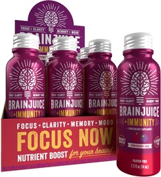 BrainJuice Brain and Immune Support Shot, Gluten Free Supplement Shots for Energy, Focus, Immunity with Vitamin D, C B, Alpha GPC & Organic Ginger Root, Gránátalma Akai, 2,5 fl oz, 12 Pack