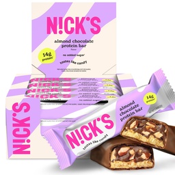 Nick 's Protein Bars Chocolate 124; Magas fehérjetartalom 124; Alacsony kalóriatartalmú Vitaminos Snack No hozzáadott cukor (Gyűjtőcsomagolás 12 bar x 50g) (12 Count (1-es csomag), mandula csokoládé)