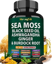 Sea Moss Black Seed Oil Ashwagandha Ginger, Organic Sea Moss Capsules with Burdock Root, Irish Seamoss Pills with Bladderwrack, Turmeric, Shilajit, Multianimation Supplement, USA (120 kapszula)