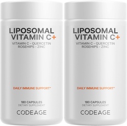Codeage Liposomal C-vitamin 1500mg cinkkel, Elderberry, Citrus Bioflavonoids Grapefruit, Lemon, Orange Powder, Quercetin & Rose HIPS Fruit - Vegan Supplement - Non-GMO, Vegan Pills - 2 Pack