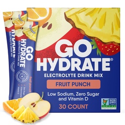 GoHydrate azonnali hidratáló por csomagok - alacsony nátrium-elektrolit ital - természetes hidratáló támogatás, cukormentes elektrolit ízesített por ital D-vitaminnal, 30 csomag, gyümölcs puncs