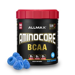 ALLMAX AMINOCORE BCAA Powder for Workout Muscle Recovery & Endurance - Sugar Free, No Fillers 8.18 Grams Bcaas Amino Aminids, B Vitamins for Women and Men- 90 Supplements Women 124; Blue Raspberry, 1035g