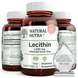 Natural Nutra Soy Lecithin 1200 mg Diétás kiegészítés - Brain Function, Liver Health, Javítani a procreant Health, Boosting Supplement - Gluten- Free, BPA- Free, 200 Softgels in Recyclable Glass Bottles