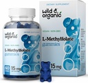 Wild & Organic L- Metilfolát 15mg Gumies - Mood & Brain Support - Folate 5- MTHF Supplement for Brain, Focus, Clarity - Folate Supplement w / Vitamin B9- 60 Non- GMO L Methylfolate Gumies