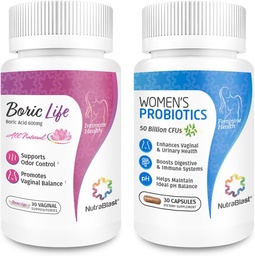 NutraBlast Boric Acid Vaginal Suppostaries Bundle with Vaginal Probiotics 124; Supports Odor Control Aviation 124; Digestive, UT & Intimate Health Aviation 124; Promotes Health Intimate Balance (30 Count)