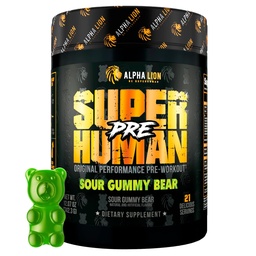 ALPHA LION Superhuman Pre Workout Powder, Beta Alanine, L- Taurine & Tri- Source koffein Tartós energia & Fókusz, Nitric Oxide & Citrullin Pump (21 Servings, Sour Gumi Bear Flavor)