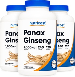 Nutricost Panax Ginseng 1000mg, 240 kapszula, 3 üveg - nem GMO, glutén mentes, 120 adag