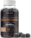 Sambucus Black Elderberry Gumies cink és C-vitamin, 140 Gummies, rágható immuntámogatás felnőttek és gyerekek, nem GMO, Kosher, Pectin, Vegan, finom Berry Flavor