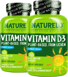 NATURELO D-vitamin - 2500 NE - Lichen alapú növény - Természetes D3-pótlás az immunrendszer, csonttámogatás, közös egészség - Vegan - nem-GMO - glutén mentes - 180 kapszula (2-es csomag)