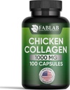 FabLab csirke kollagén II-es típusú kiegészítés - Táplálkozási kiegészítés ízesített, ideg- és csontpótlás - Non-GMO, anti-aging diétás termék hidrolizált peptidekkel - 100 kapszula
