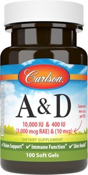 Carlson - A & D, 10000 NE (3000 µg RAE) A-vitamin, 400 NE (10 µg) D3-vitamin, Vision Support, Skin Health, 100 Soft Gel