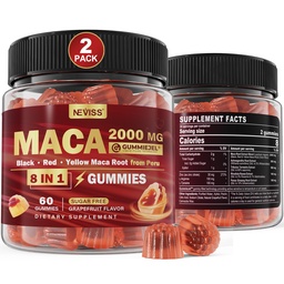 2 Pack Sugar Free Maca Root Gumies 2000mg Ashwagandha, Tribulus Terrestris, Rhodiola, Panax Ginseng, L Arginine & L Tyrosine - Organic Black Red Yellow Maca Root for Women Men Energy Support