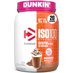 Dymatize x Dunkin 'Mocha Latte ISO100 tejsavó fehérje por, 95mg koffein, 25 g fehérje, 5.5g BCAA, 120 Cal., glutén mentes, 1g Fat, 1g cukor, 3g Carb (20 Servings)
