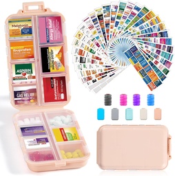14 Grids Travel Pill Organizer Box 415- Pcs Medicine Name Labels - Pocket Daily Pharmacy Case Container Kit - Travel Medication Holder Dispenser for Fish Oil Vitamin Supplement Storage - Pink