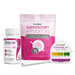 NutraBlast Boric Acid Vaginal Suppostaries 600mg (30 Count) w / Dispostable Vaginal Supposary Applicators (15- Pack) and Feminine pH Test Strips 3.0- 5.5 (100 Test Roll)