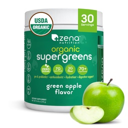 Zena Nutrition Organic Super Greens Powder, 70 + Superfoods, 0 Sugar, 3G Fiber, Spirulina, Chlorella, Gombák, Prebiotikumok / probiotikumok, Emésztési Enzimek a Gut Health, Green Apple, 30 Servings