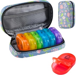 Serfeymi Weekly Travel Pill Organizer 2 Times A Day AM PM Frissített Rainbow Pill Box 7 nap hordozható cipzár PU bőrpirító esetében, Gyógyszer Szerelő pirula, Vitaminok, Halolaj - Virágos 02