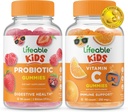 Életképes probiotikus 2 milliárd CFU Kids + C-vitamin Gyerekek, Gumicukorkák Bundle - Nagy ízű, vitamin kiegészítés, glutén mentes, GMO mentes, rágható gumi