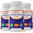 Vitamatic Folic Acid 5mg (5000 µg) - 120 Vegetáriánus tabletta üvegenként - B9-vitamin (folsav) - 3- Pack