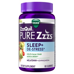 ZzzQuil PURE Zzzs De- Stress 2 mg Melatonin Gumies,, Alvási AIDS felnőttek, Ashwagandha a stressz támogatás, 60 Gumies