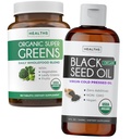 Super Greens & Black Seed Oil (3- hónapos ellátmány) Gyógynövényolaj keverék Bundle Organic Super Greends Powder - Complete Superfood (180 kapszula) & Organic Black Seed Oil Liquid - Cold pressed (8 fl oz)