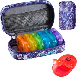 Serfeymi Weekly Travel Pill Organizer 2 Times AM Day PM Frissített Rainbow Pill Box 7 Day hordozható cipzár PU bőrpirító esetében, Medicine Organizer for Pills, Vitamins, Halolaj - Purple- 01