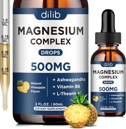 Triple Magnézium Complex Kiegészítés - Magnézium Glicerin, Citrát, Malate Folyékony cseppek 500mg Ashwagandha, L-Theanine, B6 vitamin a nyugalom, Stressz Relief, Alvás, Izomvédő - Ananász Flavor