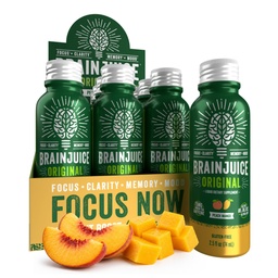BrainJuice Brain Support Shot, Gluten Free Supplement Shots for Energy & Focus, Egészséges italok Alpha GPC-vel, B-vitamin és szerves zöld tea kivonat koffein, Peach Mango, 2,5 fl oz, 12 csomag