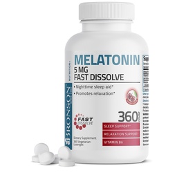 Bronson Melatonin 5 mg gyors oldódó Cherry Flavor tabletta B6-vitaminnal - Éjszakai alvászavar - Promotes Relaxation, 360 vegetáriánus rágótabletta