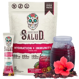 Salud 2- in1 Hidratációs csomagok + Immunity Electrolytes Powder, Hibiscus - Jamaica Agua Fresca Drink Mix, Elderberry, Dairy & Soy Free, Non-GMO, Gluten Free, Vegan, Low Calorie, 1g Sugar (15 szerváció)