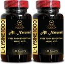 L-LYSINE 1000 mg freie Form Aminosäure essentiell - hohe Festigkeit L-Lysin Ergänzung für Vision Support Lip Care, L-Lysine HCI, freie Form Aminosäure, verbesserte Absorption - 2 Flaschen 200 Zähler