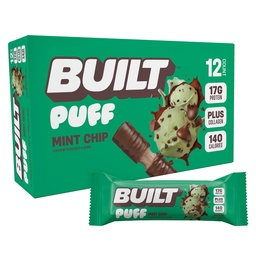 Built Bar, Puff Protein Bars, Mint Chip Puff, 17g Protein Snack, On- The- The- Bars, Csak 140 Calories, 6g Sugar, Collagen, Gluten Free, 12 Count